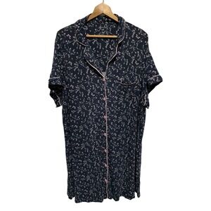 Womens Plus Size 1X Sleepshirt Navy Floral Pink Dragonfly Short Sleeve Button Up